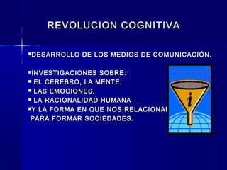 REVOLUCION COGNITIVAREVOLUCION COGNITIVA
DESARROLLO DE LOS MEDIOS DE COMUNICACIÓN.DESARROLLO DE LOS MEDIOS DE COMUNICACIÓN.
INVESTIGACIONES SOBRE:INVESTIGACIONES SOBRE:
 EL CEREBRO, LA MENTE,EL CEREBRO, LA MENTE,
 LAS EMOCIONES,LAS EMOCIONES,
 LA RACIONALIDAD HUMANALA RACIONALIDAD HUMANA
Y LA FORMA EN QUE NOS RELACIONAMOSY LA FORMA EN QUE NOS RELACIONAMOS
PARA FORMAR SOCIEDADES.PARA FORMAR SOCIEDADES.
 