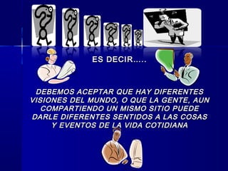 ES DECIR…..ES DECIR…..
DEBEMOS ACEPTAR QUE HAY DIFERENTESDEBEMOS ACEPTAR QUE HAY DIFERENTES
VISIONES DEL MUNDO, O QUE LA GENTE, AUNVISIONES DEL MUNDO, O QUE LA GENTE, AUN
COMPARTIENDO UN MISMO SITIO PUEDECOMPARTIENDO UN MISMO SITIO PUEDE
DARLE DIFERENTES SENTIDOS A LAS COSASDARLE DIFERENTES SENTIDOS A LAS COSAS
Y EVENTOS DE LA VIDA COTIDIANAY EVENTOS DE LA VIDA COTIDIANA
 