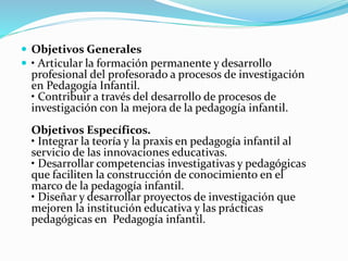  Objetivos Generales
 • Articular la formación permanente y desarrollo
profesional del profesorado a procesos de investigación
en Pedagogía Infantil.
• Contribuir a través del desarrollo de procesos de
investigación con la mejora de la pedagogía infantil.
Objetivos Específicos.
• Integrar la teoría y la praxis en pedagogía infantil al
servicio de las innovaciones educativas.
• Desarrollar competencias investigativas y pedagógicas
que faciliten la construcción de conocimiento en el
marco de la pedagogía infantil.
• Diseñar y desarrollar proyectos de investigación que
mejoren la institución educativa y las prácticas
pedagógicas en Pedagogía infantil.
 