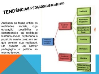 Analisam de forma critica as
realidades sociais, cuja
educação possibilita a
compreensão da realidade
histórico-social, explicando o
papel do sujeito como um ser
que constrói sua realidade.
Ela assume um caráter
pedagógico e político ao
mesmo tempo.
 