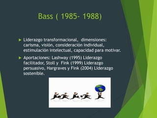 Bass ( 1985- 1988)
 Liderazgo transformacional, dimensiones:
carisma, visión, consideración individual,
estimulación intelectual, capacidad para motivar.
 Aportaciones: Lashway (1995) Liderazgo
facilitador, Stoll y Fink (1999) Liderazgo
persuasivo, Hargraves y Fink (2004) Liderazgo
sostenible.
 