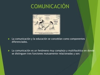 COMUNICACIÓN
 La comunicación y la educación se concebían como componentes
diferenciados.
 La comunicación es un fenómeno muy complejo y multifacético en donde
se distinguen tres funciones mutuamente relacionadas y son:
 