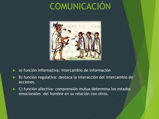 COMUNICACIÓN
 a) función informativa: intercambio de información
 B) función regulativa: destaca la interacción del intercambio de
acciones.
 C) función afectiva: comprensión mutua determina los estados
emocionales del hombre en su relación con otros.
 