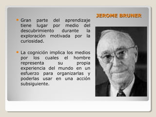 JEROME BRUNERJEROME BRUNER
 Gran parte del aprendizaje
tiene lugar por medio del
descubrimiento durante la
exploración motivada por la
curiosidad.
 La cognición implica los medios
por los cuales el hombre
representa su propia
experiencia del mundo en un
esfuerzo para organizarlas y
poderlas usar en una acción
subsiguiente.
 