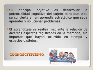 Su principal objetivo es desarrollar la
potencialidad cognitiva del sujeto para que este
se convierta en un aprendiz estratégico que sepa
aprender y solucionar problemas.
El aprendizaje se realiza mediante la relación de
diversos aspectos registrados en la memoria, sin
importar que hayan ocurrido en tiempo y
espacios distintos.
COGNOSCITIVISMOCOGNOSCITIVISMO
 