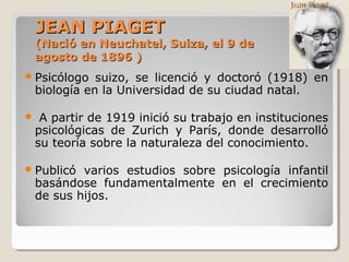 JEAN PIAGETJEAN PIAGET
((Nació en Neuchatel, Suiza, el 9 deNació en Neuchatel, Suiza, el 9 de
agosto de 1896 )agosto de 1896 )
Psicólogo suizo, se licenció y doctoró (1918) en
biología en la Universidad de su ciudad natal.
 A partir de 1919 inició su trabajo en instituciones
psicológicas de Zurich y París, donde desarrolló
su teoría sobre la naturaleza del conocimiento.
Publicó varios estudios sobre psicología infantil
basándose fundamentalmente en el crecimiento
de sus hijos.
 