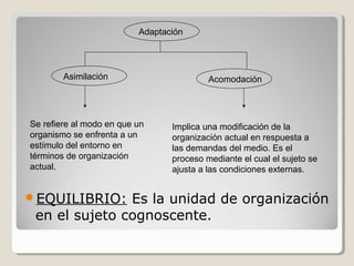 Adaptación
Asimilación Acomodación
Se refiere al modo en que un
organismo se enfrenta a un
estímulo del entorno en
términos de organización
actual.
Implica una modificación de la
organización actual en respuesta a
las demandas del medio. Es el
proceso mediante el cual el sujeto se
ajusta a las condiciones externas.
EQUILIBRIO: Es la unidad de organización
en el sujeto cognoscente.
 