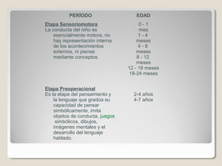 PERÍODO EDAD
Etapa Sensoriomotora
La conducta del niño es
esencialmente motora, no
hay representación interna
de los acontecimientos
externos, ni piensa
mediante conceptos.
0 - 1
mes
1 - 4
meses
4 - 8
meses
8 - 12
meses
12 - 18 meses
18-24 meses
Etapa Preoperacional
Es la etapa del pensamiento y
la lenguaje que gradúa su
capacidad de pensar
simbólicamente, imita
objetos de conducta, juegos
simbólicos, dibujos,
imágenes mentales y el
desarrollo del lenguaje
hablado.
2-4 años
4-7 años
 