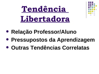 Relação Professor/Aluno Pressupostos da Aprendizagem Outras Tendências Correlatas Tendência  Libertadora 