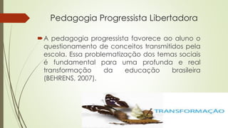 Pedagogia Progressista Libertadora 
A pedagogia progressista favorece ao aluno o 
questionamento de conceitos transmitidos pela 
escola. Essa problematização dos temas sociais 
é fundamental para uma profunda e real 
transformação da educação brasileira 
(BEHRENS, 2007). 
 