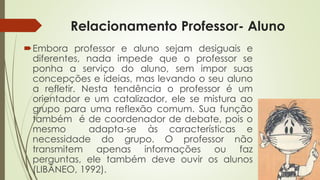Relacionamento Professor- Aluno 
Embora professor e aluno sejam desiguais e 
diferentes, nada impede que o professor se 
ponha a serviço do aluno, sem impor suas 
concepções e ideias, mas levando o seu aluno 
a refletir. Nesta tendência o professor é um 
orientador e um catalizador, ele se mistura ao 
grupo para uma reflexão comum. Sua função 
também é de coordenador de debate, pois o 
mesmo adapta-se às características e 
necessidade do grupo. O professor não 
transmitem apenas informações ou faz 
perguntas, ele também deve ouvir os alunos 
(LIBÂNEO, 1992). 
 