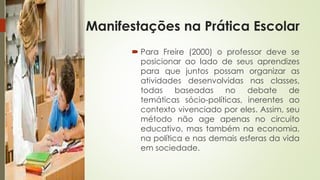 Manifestações na Prática Escolar 
 Para Freire (2000) o professor deve se 
posicionar ao lado de seus aprendizes 
para que juntos possam organizar as 
atividades desenvolvidas nas classes, 
todas baseadas no debate de 
temáticas sócio-políticas, inerentes ao 
contexto vivenciado por eles. Assim, seu 
método não age apenas no circuito 
educativo, mas também na economia, 
na política e nas demais esferas da vida 
em sociedade. 
 