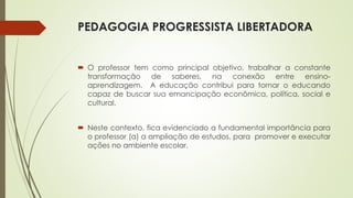 PEDAGOGIA PROGRESSISTA LIBERTADORA 
 O professor tem como principal objetivo, trabalhar a constante 
transformação de saberes, na conexão entre ensino-aprendizagem. 
A educação contribui para tornar o educando 
capaz de buscar sua emancipação econômica, política, social e 
cultural. 
 Neste contexto, fica evidenciado a fundamental importância para 
o professor (a) a ampliação de estudos, para promover e executar 
ações no ambiente escolar. 
 