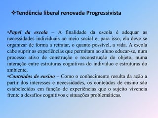 Tendência liberal renovada Progressivista
•Papel da escola – A finalidade da escola é adequar as
necessidades individuais ao meio social e, para isso, ela deve se
organizar de forma a retratar, o quanto possível, a vida. A escola
cabe suprir as experiências que permitam ao aluno educar-se, num
processo ativo de construção e reconstrução do objeto, numa
interação entre estruturas cognitivas do indivíduo e estruturas do
ambiente.
•Conteúdos de ensino – Como o conhecimento resulta da ação a
partir dos interesses e necessidades, os conteúdos de ensino são
estabelecidos em função de experiências que o sujeito vivencia
frente a desafios cognitivos e situações problemáticas.
 