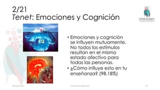 2/21
Tenet: Emociones y Cognición
• Emociones y cognición
se influyen mutuamente.
No todos los estímulos
resultan en el mi...
