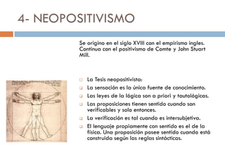 4- NEOPOSITIVISMO
Se origino en el siglo XVIII con el empirismo ingles.
Continua con el positivismo de Comte y John Stuart
Mill.
 La Tesis neopositivista:
 La sensación es la única fuente de conocimiento.
 Las leyes de la lógica son a priori y tautológicas.
 Las proposiciones tienen sentido cuando son
verificables y solo entonces.
 La verificación es tal cuando es intersubjetiva.
 El lenguaje propiamente con sentido es el de la
física. Una proposición posee sentido cuando está
construida según las reglas sintácticas.
 