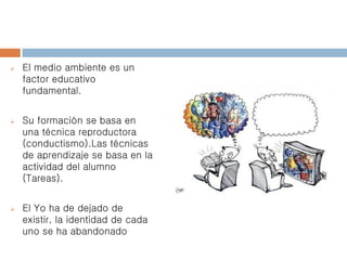  El medio ambiente es un
factor educativo
fundamental.
 Su formación se basa en
una técnica reproductora
(conductismo).Las técnicas
de aprendizaje se basa en la
actividad del alumno
(Tareas).
 El Yo ha de dejado de
existir, la identidad de cada
uno se ha abandonado
 