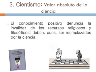 3. Cientismo: Valor absoluto de la
ciencia
o El conocimiento positivo denuncia la
invalidez de los recursos religiosos y
filosóficos; deben, pues, ser reemplazados
por la ciencia.
 