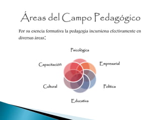 Por su esencia formativa la pedagogía incursiona efectivamente en
diversas áreas:
Psicológica
Empresarial
Política
Educativa
Cultural
Capacitación
 