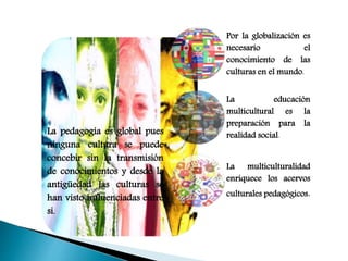 La pedagogía es global pues
ninguna cultura se puede
concebir sin la transmisión
de conocimientos y desde la
antigüedad las culturas se
han visto influenciadas entre
si.
Por la globalización es
necesario el
conocimiento de las
culturas en el mundo.
La educación
multicultural es la
preparación para la
realidad social.
La multiculturalidad
enriquece los acervos
culturales pedagógicos.
 