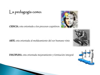 La pedagogía como:
CIENCIA, esta orientada a los procesos cognitivos.
ARTE, esta orientada al moldeamiento del ser humano visto.
DISCIPLINA, esta orientada mejoramiento y formación integral
 