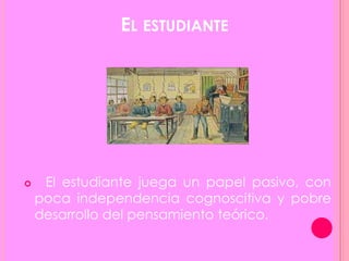  El estudiante juega un papel pasivo, con
poca independencia cognoscitiva y pobre
desarrollo del pensamiento teórico.
EL ESTUDIANTE
 