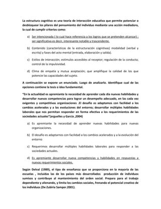 La estructura cognitiva es una teoría de interacción educativa que permite potenciar o
desbloquear los pilares del pensamiento del individuo mediante una acción mediadora,
la cual de cumplir criterios como:
a) Ser intencionada ( lo cual hace referencia a los logros que se pretenden alcanzar) ;
ser significativa es decir, interesante notable y trascendente.
b) Contenido (características de la estructuración cognitivas) modalidad (verbal y
escrita) y fases del acto mental (entrada, elaboración y salida).
c) Estilos de interacción; estímulos accesibles al receptor; regulación de la conducta;
control de la impulsividad.
d) Clima de empatía y mutua aceptación; que amplifique la calidad de los que
potencie las capacidades del sujeto.
A continuación se expone un enunciado. Luego de analizarlo. Identifique cual de las
opciones contiene la tesis o idea fundamental.
“En la actualidad es apremiante la necesidad de aprender cada día nuevas habilidades y
desarrollar nuevas competencias para lograr un desempeño adecuado, en las cada vez
exigentes y competitivas organizaciones .El desafío es adaptamos con facilidad a los
cambios acelerados y a las evoluciones del entorno; desarrollar múltiples habilidades
laborales que nos permitan responder en forma efectiva a los requerimientos de las
sociedades actuales”(arguelles y García ,2004)
a) Es apremiante la necesidad de aprender nuevas habilidades para nuevas
organizaciones.
b) El desafío es adaptarnos con facilidad a los cambios acelerados y a la evolución del
entorno
c) Requerimos desarrollar múltiples habilidades laborales para responder a las
sociedades actuales.
d) Es apremiante desarrollar nueva competencias y habilidades en respuestas a
nuevas requerimientos sociales.
Según Delval (1989), el tipo de enseñanza que se proporciona en la mayoría de las
escuelas , incluidas las de los países más desarrollados producción de individuos
sumisos y contribuye al mantenimiento del orden social. Prepara para el trabajo
dependiente y alienando, y limita los cambios sociales, frenando el potencial creativo de
los individuos (De Zubiria Samper.2001).
 