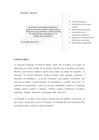 Tecnología Educativa
COMENTARIO:
La educación tradicional de Profesor-Alumno donde solo el Profesor era receptor de
información por mucho tiempo fue un modelo educativo pero al transcurso del tiempo
filósofos como Roseau realizaron aportes para romper ese molde de educación , la
educación “La Escuela Educativa” donde el alumno podía participar, interactuar y
desarrollar sus habilidades y ya no solo el profesor el que impartía conocimiento sino
daba paso al alumno a poder cuestionar los aprendizajes y consultar para saber si es
verdadero ese conocimiento, a través de una nueva herramienta educativa la tecnología
teniendo aspectos positivos y negativos; Positivos acceder a información de manera
instantánea; Negativa distractores como juegos online entre otro.
La tecnología no es mala, lo que es mala es saber no tener un equilibrio con la misma, ya
que vivimos en una nueva era de la Tecnología y la sociedad debe estar acorde con ello,
para poder avanzar cada día en nuestra formación,
Tecnología Educativa
Se denomina tecnología educativa al
conjunto de conocimientos, aplicaciones y
dispositivos que permiten la aplicación de
las herramientas tecnológicas en el
ámbito de la educación.
 Permite encontrar
información de manera
rápida.
 Permite el aprendizaje
interactivo y en la
educación a distancia.
 Mayor comunicación entre
profesores y alumnos
 Aprendizaje cooperativo.
 