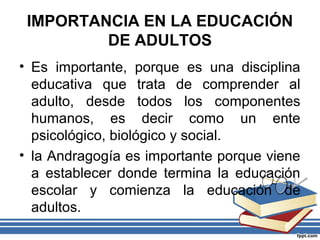 IMPORTANCIA EN LA EDUCACIÓN
DE ADULTOS
• Es importante, porque es una disciplina
educativa que trata de comprender al
adulto, desde todos los componentes
humanos, es decir como un ente
psicológico, biológico y social.
• la Andragogía es importante porque viene
a establecer donde termina la educación
escolar y comienza la educación de
adultos.
 