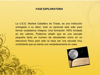 FASE EXPLORATORIA La U.E.E. Maribel Caballero de Tirado, es una institución entregada a su labor, todo su personal esta adto para formar ciudadanos íntegros. Una formación 100% fundada en los valores. Podemos añadir que es una escuela pequeña tanto en numero de estudiantes como en su estructura física pero esto la hace ser una escuela muy confortante que se siente uno verdaderamente en casa.  