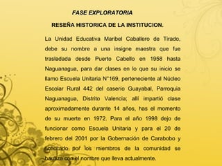 FASE EXPLORATORIA RESEÑA HISTORICA DE LA INSTITUCION. La Unidad Educativa  Maribel Caballero de Tirado, debe su nombre a una insigne maestra que fue trasladada desde Puerto Cabello en 1958 hasta Naguanagua, para dar clases en lo que su inicio se llamo Escuela Unitaria N°169, perteneciente al Núcleo Escolar Rural 442 del caserío Guayabal, Parroquia Naguanagua, Distrito Valencia; allí impartió clase aproximadamente durante 14 años, has el momento de su muerte en 1972. Para el año 1998 dejo de funcionar como Escuela Unitaria y para el 20 de febrero del 2001 por la Gobernación de Carabobo y solicitado por los miembros de la comunidad se bautiza con el nombre que lleva actualmente. 