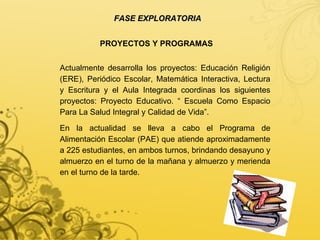 Actualmente desarrolla los proyectos: Educación Religión (ERE), Periódico Escolar, Matemática Interactiva, Lectura y Escritura y el Aula Integrada coordinas los siguientes proyectos: Proyecto Educativo. “ Escuela Como Espacio Para La Salud Integral y Calidad de Vida”. En la actualidad se lleva a cabo el Programa de Alimentación Escolar (PAE) que atiende aproximadamente a 225 estudiantes, en ambos turnos, brindando desayuno y almuerzo en el turno de la mañana y almuerzo y merienda en el turno de la tarde. FASE EXPLORATORIA PROYECTOS Y PROGRAMAS   