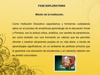 Misión de la Institución. FASE EXPLORATORIA Como Institución Educativa capacitamos y formamos cuidadanos aptos en el proceso de enseñanza-aprendizaje de la educación Inicial y Primaria, con la actitud critica, analítica, con sentido de pertenencia, así como también con una formación en valores que les permitan afrontar y resolver situaciones propias en su vida diaria, a través de aprendizajes significativos, en un ambiente de perfecta armonía que le garanticé una educación de excelencias y en estrecha relación con su ámbito comunitario. 
