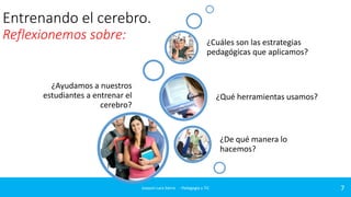 Entrenando el cerebro.
Reflexionemos sobre:

¿Cuáles son las estrategias
pedagógicas que aplicamos?

¿Ayudamos a nuestros
estudiantes a entrenar el
cerebro?

¿Qué herramientas usamos?

¿De qué manera lo
hacemos?

Joaquin Lara Sierra - Pedagogía y TIC

7

 