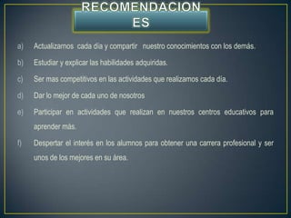 a)   Actualizarnos cada día y compartir nuestro conocimientos con los demás.

b)   Estudiar y explicar las habilidades adquiridas.

c)   Ser mas competitivos en las actividades que realizamos cada día.

d)   Dar lo mejor de cada uno de nosotros

e)   Participar en actividades que realizan en nuestros centros educativos para
     aprender más.

f)   Despertar el interés en los alumnos para obtener una carrera profesional y ser
     unos de los mejores en su área.
 