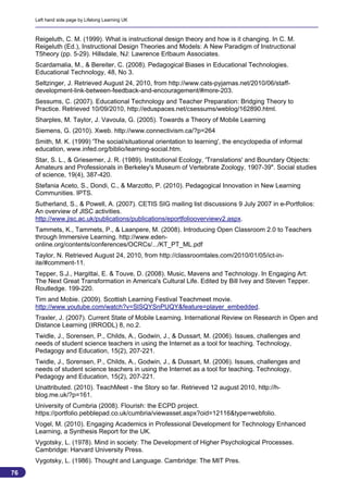 Left hand side page by Lifelong Learning UK



     Reigeluth, C. M. (1999). What is instructional design theory and how is it changing. In C. M.
     Reigeluth (Ed.), Instructional Design Theories and Models: A New Paradigm of Instructional
     T5heory (pp. 5-29). Hillsdale, NJ: Lawrence Erlbaum Associates.
     Scardamalia, M., & Bereiter, C. (2008). Pedagogical Biases in Educational Technologies.
     Educational Technology, 48, No 3.
     Seltzinger, J. Retrieved August 24, 2010, from http://www.cats-pyjamas.net/2010/06/staff-
     development-link-between-feedback-and-encouragement/#more-203.
     Sessums, C. (2007). Educational Technology and Teacher Preparation: Bridging Theory to
     Practice. Retrieved 10/09/2010, http://eduspaces.net/csessums/weblog/162890.html.
     Sharples, M. Taylor, J. Vavoula, G. (2005). Towards a Theory of Mobile Learning
     Siemens, G. (2010). Xweb. http://www.connectivism.ca/?p=264
     Smith, M. K. (1999) 'The social/situational orientation to learning', the encyclopedia of informal
     education, www.infed.org/biblio/learning-social.htm.
     Star, S. L., & Griesemer, J. R. (1989). Institutional Ecology, 'Translations' and Boundary Objects:
     Amateurs and Professionals in Berkeley's Museum of Vertebrate Zoology, 1907-39". Social studies
     of science, 19(4), 387-420.
     Stefania Aceto, S., Dondi, C., & Marzotto, P. (2010). Pedagogical Innovation in New Learning
     Communities. IPTS.
     Sutherland, S., & Powell, A. (2007). CETIS SIG mailing list discussions 9 July 2007 in e-Portfolios:
     An overview of JISC activities.
     http://www.jisc.ac.uk/publications/publications/eportfoliooverviewv2.aspx.
     Tammets, K., Tammets, P., & Laanpere, M. (2008). Introducing Open Classroom 2.0 to Teachers
     through Immersive Learning. http://www.eden-
     online.org/contents/conferences/OCRCs/.../KT_PT_ML.pdf
     Taylor, N. Retrieved August 24, 2010, from http://classroomtales.com/2010/01/05/ict-in-
     ite/#comment-11.
     Tepper, S.J., Hargittai, E. & Touve, D. (2008). Music, Mavens and Technology. In Engaging Art:
     The Next Great Transformation in America's Cultural Life. Edited by Bill Ivey and Steven Tepper.
     Routledge. 199-220.
     Tim and Mobie. (2009). Scottish Learning Festival Teachmeet movie.
     http://www.youtube.com/watch?v=SlSQYSnPUQY&feature=player_embedded.
     Traxler, J. (2007). Current State of Mobile Learning. International Review on Research in Open and
     Distance Learning (IRRODL) 8, no.2.
     Twidle, J., Sorensen, P., Childs, A., Godwin, J., & Dussart, M. (2006). Issues, challenges and
     needs of student science teachers in using the Internet as a tool for teaching. Technology,
     Pedagogy and Education, 15(2), 207-221.
     Twidle, J., Sorensen, P., Childs, A., Godwin, J., & Dussart, M. (2006). Issues, challenges and
     needs of student science teachers in using the Internet as a tool for teaching. Technology,
     Pedagogy and Education, 15(2), 207-221.
     Unattributed. (2010). TeachMeet - the Story so far. Retrieved 12 august 2010, http://h-
     blog.me.uk/?p=161.
     University of Cumbria (2008). Flourish: the ECPD project.
     https://portfolio.pebblepad.co.uk/cumbria/viewasset.aspx?oid=12116&type=webfolio.
     Vogel, M. (2010). Engaging Academics in Professional Development for Technology Enhanced
     Learning, a Synthesis Report for the UK.
     Vygotsky, L. (1978). Mind in society: The Development of Higher Psychological Processes.
     Cambridge: Harvard University Press.
     Vygotsky, L. (1986). Thought and Language. Cambridge: The MIT Pres.
76
                                                                                                          76
 