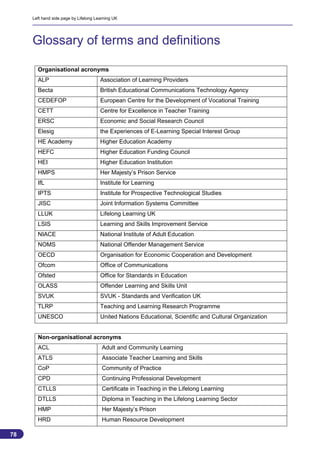 Left hand side page by Lifelong Learning UK




     Glossary of terms and definitions

       Organisational acronyms
       ALP                             Association of Learning Providers
       Becta                           British Educational Communications Technology Agency
       CEDEFOP                         European Centre for the Development of Vocational Training
       CETT                            Centre for Excellence in Teacher Training
       ERSC                            Economic and Social Research Council
       Elesig                          the Experiences of E-Learning Special Interest Group
       HE Academy                      Higher Education Academy
       HEFC                            Higher Education Funding Council
       HEI                             Higher Education Institution
       HMPS                            Her Majesty’s Prison Service
       IfL                             Institute for Learning
       IPTS                            Institute for Prospective Technological Studies
       JISC                            Joint Information Systems Committee
       LLUK                            Lifelong Learning UK
       LSIS                            Learning and Skills Improvement Service
       NIACE                           National Institute of Adult Education
       NOMS                            National Offender Management Service
       OECD                            Organisation for Economic Cooperation and Development
       Ofcom                           Office of Communications
       Ofsted                          Office for Standards in Education
       OLASS                           Offender Learning and Skills Unit
       SVUK                            SVUK - Standards and Verification UK
       TLRP                            Teaching and Learning Research Programme
       UNESCO                          United Nations Educational, Scientific and Cultural Organization


       Non-organisational acronyms
       ACL                              Adult and Community Learning
       ATLS                             Associate Teacher Learning and Skills
       CoP                              Community of Practice
       CPD                              Continuing Professional Development
       CTLLS                            Certificate in Teaching in the Lifelong Learning
       DTLLS                            Diploma in Teaching in the Lifelong Learning Sector
       HMP                              Her Majesty’s Prison
       HRD                              Human Resource Development

78
                                                                                                          78
 