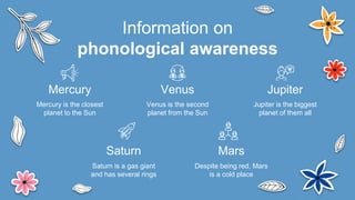 Saturn is a gas giant
and has several rings
Jupiter is the biggest
planet of them all
Jupiter
Venus is the second
planet from the Sun
Venus
Saturn
Despite being red, Mars
is a cold place
Mars
Mercury is the closest
planet to the Sun
Mercury
Information on
phonological awareness
 