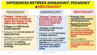 differences between andragogy, pedagogy
&HEUTAGOGY
PEDAGOGY
• “Pedagogy” relates to the
learning journey of children &
involves best practices to help
children learn effortlessly.
• Pedagogy is a child-focused
teaching approach
• Pedagogy is the art and science of
helping kids learn
• Pedagogy is an education method in
which the learner is dependent on
the teacher for guidance,
evaluation, and acquisition of
knowledge.
ANDRAGOGY
• “Andragogy” relates to the
learning journey of an adult
learner & involves the best
practices to simplify their
learning process.
• Andragogy an adult-focused
teaching approach
• Andragogy is the art and science
of helping adults learn
• Andragogy refers to the methods
and approaches used in adult
education and is directed towards
self-actualization, gaining
experience, and problem-
solving
13-04-2022 10
Dr. C. BEULAH JAYARANI
HEUTAGOGY
• Heutagogy is the
management of learning for
self-managed learners.
• Management of learning for
self-managed learners
• To establish an environment
where learners can determine
their own goals, learning paths,
processes, and products for
making.
• Refers to establish an
environment where learners can
determine their own goals,
learning paths, processes, and
products
 