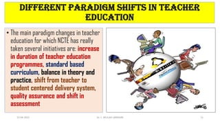 different paradigm shifts in teacher
education
• The main paradigm changes in teacher
education for which NCTE has really
taken several initiatives are: increase
in duration of teacher education
programmes, standard based
curriculum, balance in theory and
practice, shift from teacher to
student centered delivery system,
quality assurance and shift in
assessment
13-04-2022 11
Dr. C. BEULAH JAYARANI
 