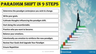 Paradigm Shift in 9 Steps
Determine the paradigm centerpiece you wish to change.
Write your goals.
Cultivate thoughts influencing the paradigm shift.
Start doing the uncomfortable.
Practice who you want to become.
Balance your emotions.
Intentionally use emotion to reinforce the new paradigm.
Review Your Goals And Upgrade Your Paradigm
Ensure Repetition
13-04-2022 14
Dr. C. BEULAH JAYARANI
 