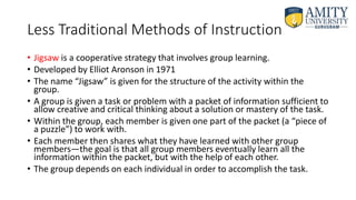 Less Traditional Methods of Instruction
• Jigsaw is a cooperative strategy that involves group learning.
• Developed by Elliot Aronson in 1971
• The name “Jigsaw” is given for the structure of the activity within the
group.
• A group is given a task or problem with a packet of information sufficient to
allow creative and critical thinking about a solution or mastery of the task.
• Within the group, each member is given one part of the packet (a “piece of
a puzzle”) to work with.
• Each member then shares what they have learned with other group
members—the goal is that all group members eventually learn all the
information within the packet, but with the help of each other.
• The group depends on each individual in order to accomplish the task.
 