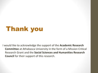 Thank you
I would like to acknowledge the support of the Academic Research
Committee at Athabasca University in the form of a Mission Critical
Research Grant and the Social Sciences and Humanities Research
Council for their support of this research.

 