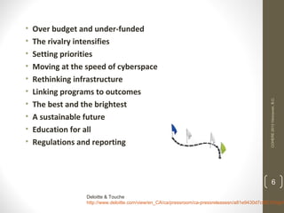 Over budget and under-funded
The rivalry intensifies
Setting priorities
Moving at the speed of cyberspace
Rethinking infrastructure
Linking programs to outcomes
The best and the brightest
A sustainable future
Education for all
Regulations and reporting

COHERE 2013 Vancouver, B.C.

•
•
•
•
•
•
•
•
•
•

6

Deloitte & Touche
http://www.deloitte.com/view/en_CA/ca/pressroom/ca-pressreleasesn/a81e9430d7c6f210VgnV

 