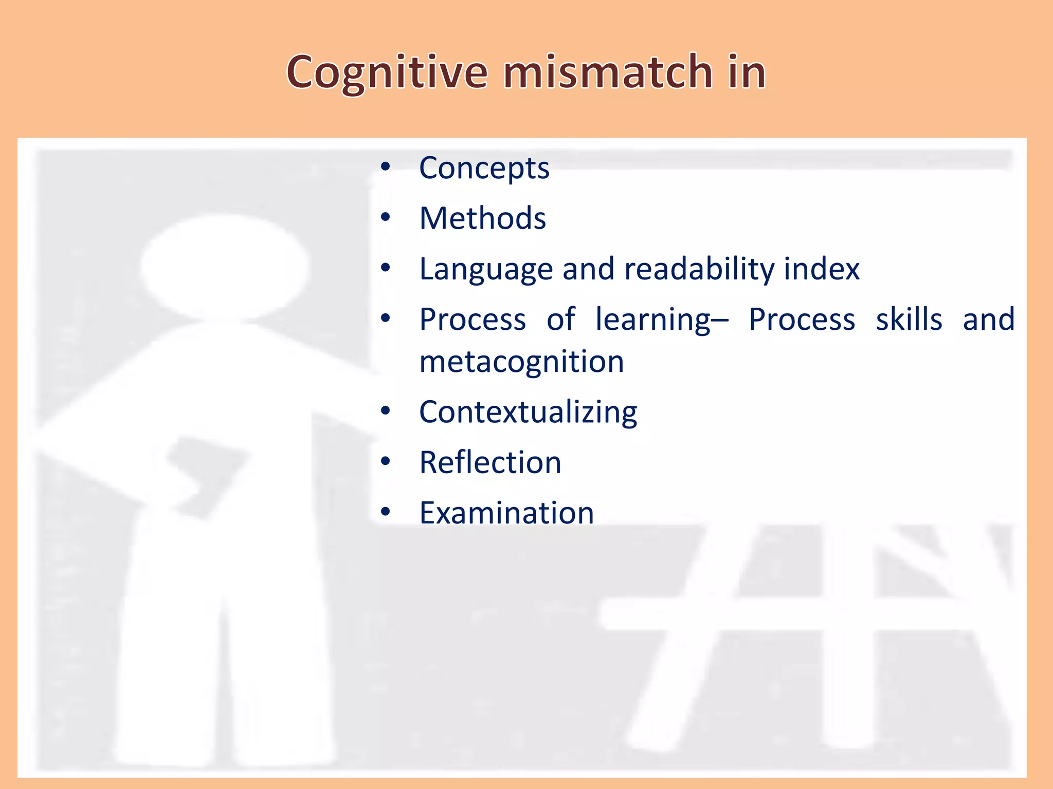 • Concepts
• Methods
• Language and readability index
• Process of learning– Process skills and
metacognition
• Contextualizing
• Reflection
• Examination
 