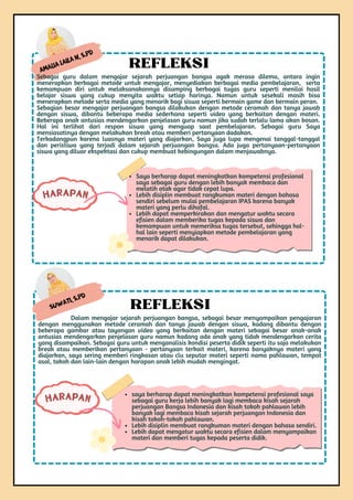 Amalia Laila N, S.Pd
Sebagai guru dalam mengajar sejarah perjuangan bangsa agak merasa dilema, antara ingin
menerapkan berbagai metode untuk mengajar, menyediakan berbagai media pembelajaran, serta
kemampuan diri untuk melaksanakannya disamping berbagai tugas guru seperti menilai hasil
belajar siswa yang cukup menyita waktu setiap harinya. Namun untuk sesekali masih bisa
menerapkan metode serta media yang menarik bagi siswa seperti bermain game dan bermain peran.
Sebagian besar mengajar perjuangan bangsa dilakukan dengan metode ceramah dan tanya jawab
dengan siswa, dibantu beberapa media sederhana seperti video yang berkaitan dengan materi.
Beberapa anak antusias mendengarkan penjelasan guru namun jika sudah terlalu lama akan bosan.
Hal ini terlihat dari respon siswa yang menguap saat pembelajaran. Sebagai guru Saya
mensiasatinya dengan melakukan break atau memberi pertanyaan dadakan.
Terkadangpun karena luasnya materi yang diajarkan, Saya juga lupa mengenai tanggal-tanggal
dan peristiwa yang terjadi dalam sejarah perjuangan bangsa. Ada juga pertanyaan-pertanyaan
siswa yang diluar ekspektasi dan cukup membuat kebingungan dalam menjawabnya.
REFLEKSI
Saya berharap dapat meningkatkan kompetensi profesional
saya sebagai guru dengan lebih banyak membaca dan
melatih otak agar tidak cepat lupa.
Lebih disiplin membuat rangkuman materi dengan bahasa
sendiri sebelum mulai pembelajaran IPAS karena banyak
materi yang perlu dihafal.
Lebih dapat memperkirakan dan mengatur waktu secara
efisien dalam memberika tugas kepada siswa dan
kemampuan untuk memeriksa tugas tersebut, sehingga hal-
hal lain seperti menyiapkan metode pembelajaran yang
menarik dapat dilakukan.
HARAPAN
Suwati, S.Pd
Dalam mengajar sejarah perjuangan bangsa, sebagai besar menyampaikan pengajaran
dengan menggunakan metode ceramah dan tanya jawab dengan siswa, kadang dibantu dengan
beberapa gambar atau tayangan video yang berkaitan dengan materi sebagai besar anak-anak
antusias mendengarkan penjelasan guru namun kadang ada anak yang tidak mendengarkan cerita
yang disampaikan. Sebagai guru untuk menganalisis kondisi peserta didik seperti itu saja melakukan
break atau memberikan pertanyaan - pertanyaan terkait materi, karena banyaknya materi yang
diajarkan, saya sering memberi ringkasan atau clu seputar materi seperti nama pahlawan, tempat
asal, tokoh dan lain-lain dengan harapan anak lebih mudah mengingat.
REFLEKSI
saya berharap dapat meningkatkan kompetensi profesional saya
sebagai guru kerja lebih banyak lagi membaca kisah sejarah
perjuangan Bangsa Indonesia dan kisah tokoh pahlawan lebih
banyak lagi membaca kisah sejarah perjuangan Indonesia dan
kisah tokoh-tokoh pahlawan.
Lebih disiplin membuat rangkuman materi dengan bahasa sendiri.
Lebih dapat mengatur waktu secara efisien dalam menyampaikan
materi dan memberi tugas kepada peserta didik.
HARAPAN
 