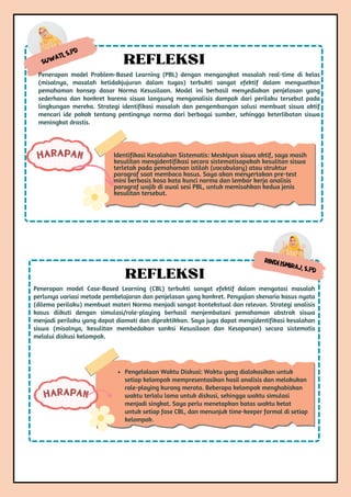 Rindi Ismiraj, S.Pd
Penerapan model Case-Based Learning (CBL) terbukti sangat efektif dalam mengatasi masalah
perlunya variasi metode pembelajaran dan penjelasan yang konkret. Penyajian skenario kasus nyata
(dilema perilaku) membuat materi Norma menjadi sangat kontekstual dan relevan. Strategi analisis
kasus diikuti dengan simulasi/role-playing berhasil menjembatani pemahaman abstrak siswa
menjadi perilaku yang dapat diamati dan dipraktikkan. Saya juga dapat mengidentifikasi kesalahan
siswa (misalnya, kesulitan membedakan sanksi Kesusilaan dan Kesopanan) secara sistematis
melalui diskusi kelompok.
REFLEKSI
Pengelolaan Waktu Diskusi: Waktu yang dialokasikan untuk
setiap kelompok mempresentasikan hasil analisis dan melakukan
role-playing kurang merata. Beberapa kelompok menghabiskan
waktu terlalu lama untuk diskusi, sehingga waktu simulasi
menjadi singkat. Saya perlu menetapkan batas waktu ketat
untuk setiap fase CBL, dan menunjuk time-keeper formal di setiap
kelompok.
HARAPAN
Suwati, S.Pd
REFLEKSI
Identifikasi Kesalahan Sistematis: Meskipun siswa aktif, saya masih
kesulitan mengidentifikasi secara sistematisapakah kesulitan siswa
terletak pada pemahaman istilah (vocabulary) atau struktur
paragraf saat membaca kasus. Saya akan menyertakan pre-test
mini berbasis kosa kata kunci norma dan lembar kerja analisis
paragraf wajib di awal sesi PBL, untuk memisahkan kedua jenis
kesulitan tersebut.
HARAPAN
Penerapan model Problem-Based Learning (PBL) dengan mengangkat masalah real-time di kelas
(misalnya, masalah ketidakjujuran dalam tugas) terbukti sangat efektif dalam menguatkan
pemahaman konsep dasar Norma Kesusilaan. Model ini berhasil menyediakan penjelasan yang
sederhana dan konkret karena siswa langsung menganalisis dampak dari perilaku tersebut pada
lingkungan mereka. Strategi identifikasi masalah dan pengembangan solusi membuat siswa aktif
mencari ide pokok tentang pentingnya norma dari berbagai sumber, sehingga keterlibatan siswa
meningkat drastis.
 