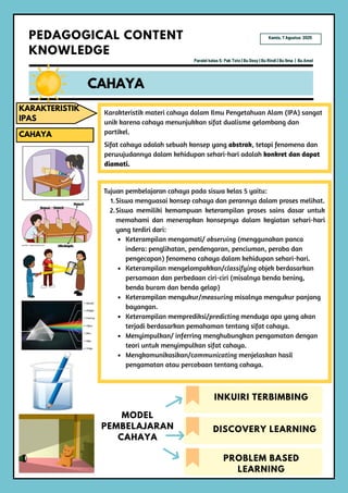 Karakteristik materi cahaya dalam Ilmu Pengetahuan Alam (IPA) sangat
unik karena cahaya menunjukkan sifat dualisme gelombang dan
partikel.
Keterampilan mengamati/ observing (menggunakan panca
indera: penglihatan, pendengaran, penciuman, peraba dan
pengecapan) fenomena cahaya dalam kehidupan sehari-hari.
Keterampilan mengelompokkan/classifying objek berdasarkan
persamaan dan perbedaan ciri-ciri (misalnya benda bening,
benda buram dan benda gelap)
Keterampilan mengukur/measuring misalnya mengukur panjang
bayangan.
Keterampilan memprediksi/predicting menduga apa yang akan
terjadi berdasarkan pemahaman tentang sifat cahaya.
Menyimpulkan/ inferring menghubungkan pengamatan dengan
teori untuk menyimpulkan sifat cahaya.
Mengkomunikasikan/communicating menjelaskan hasil
pengamatan atau percobaan tentang cahaya.
Tujuan pembelajaran cahaya pada siswa kelas 5 yaitu:
1.Siswa menguasai konsep cahaya dan perannya dalam proses melihat.
2.Siswa memiliki kemampuan keterampilan proses sains dasar untuk
memahami dan menerapkan konsepnya dalam kegiatan sehari-hari
yang terdiri dari:
CAHAYA
CAHAYA
PEDAGOGICAL CONTENT
KNOWLEDGE
KARAKTERISTIK
IPAS
Paralel kelas 5: Pak Toto | Bu Desy | Bu Rindi | Bu Ilma | Bu Amel
Kamis, 7 Agustus 2025
Sifat cahaya adalah sebuah konsep yang abstrak, tetapi fenomena dan
perwujudannya dalam kehidupan sehari-hari adalah konkret dan dapat
diamati.
MODEL
PEMBELAJARAN
CAHAYA
INKUIRI TERBIMBING
DISCOVERY LEARNING
PROBLEM BASED
LEARNING
 