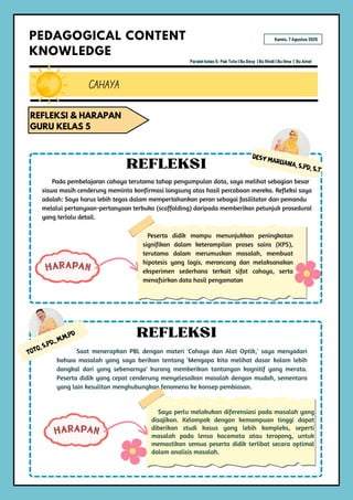 HARAPAN
Toto, S.Pd., M.M.Pd
Saat menerapkan PBL dengan materi 'Cahaya dan Alat Optik,' saya menyadari
bahwa masalah yang saya berikan tentang 'Mengapa kita melihat dasar kolam lebih
dangkal dari yang sebenarnya' kurang memberikan tantangan kognitif yang merata.
Peserta didik yang cepat cenderung menyelesaikan masalah dengan mudah, sementara
yang lain kesulitan menghubungkan fenomena ke konsep pembiasan.
REFLEKSI
Saya perlu melakukan diferensiasi pada masalah yang
disajikan. Kelompok dengan kemampuan tinggi dapat
diberikan studi kasus yang lebih kompleks, seperti
masalah pada lensa kacamata atau teropong, untuk
memastikan semua peserta didik terlibat secara optimal
dalam analisis masalah.
CAHAYA
PEDAGOGICAL CONTENT
KNOWLEDGE
REFLEKSI & HARAPAN
GURU KELAS 5
Paralel kelas 5: Pak Toto | Bu Desy | Bu Rindi | Bu Ilma | Bu Amel
Kamis, 7 Agustus 2025
HARAPAN
DESY MARLIANA, S.Pd, S.t
REFLEKSI
Pada pembelajaran cahaya terutama tahap pengumpulan data, saya melihat sebagian besar
siswa masih cenderung meminta konfirmasi langsung atas hasil percobaan mereka. Refleksi saya
adalah: Saya harus lebih tegas dalam mempertahankan peran sebagai fasilitator dan pemandu
melalui pertanyaan-pertanyaan terbuka (scaffolding) daripada memberikan petunjuk prosedural
yang terlalu detail.
Peserta didik mampu menunjukkan peningkatan
signifikan dalam keterampilan proses sains (KPS),
terutama dalam merumuskan masalah, membuat
hipotesis yang logis, merancang dan melaksanakan
eksperimen sederhana terkait sifat cahaya, serta
menafsirkan data hasil pengamatan
 