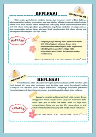 Amalia Laila N, S.Pd
Proses eksplorasi dalam Inkuiri dan diskusi pemecahan masalah dalam PBL memakan waktu
lebih banyak dari yang saya rencanakan, yang berakibat pada tahap Generalisasi/Penarikan
Kesimpulan dan Presentasi Solusi menjadi terburu-buru. Dampaknya, kedalaman pemahaman
konsep cahaya seperti dispersi atau perambatan lurus tidak dapat dievaluasi secara maksimal
REFLEKSI
Saya perlu mengelola waktu dengan lebih ketat, mungkin dengan
menggunakan teknik pengatur waktu visual dan memberikan batas
waktu yang jelas di setiap fase model. Selain itu, saya harus
memprioritaskan hanya satu atau dua sifat cahaya utama per sesi,
untuk memastikan eksplorasi yang lebih mendalam dan berkualitas."
HARAPAN
HARAPAN
Ilma Uswatun H, S.Pd
Dalam proses pembelajaran mengenai cahaya saya menyadari masih terdapat beberapa
kekurangan dalam kegiatan pembelajaran yang saya lakukan sehingga berdampak pada efektivitas
belajar siswa. Salah satunya adalah keterbatasan waktu yang dimiliki untuk menemukan semua
sifat-sifat cahaya melalui percobaan yang dilakukan. Saya hanya melakukan beberapa percobaan
yang menggunakan alat dan bahan sederhana. Untuk mengkonkretan sifat cahaya lainnya, saya
menampilkan video mengenai sifat-sifat cahaya.
REFLEKSI
Kedepannya saya berharap dapat menjelaskan konsep
sifat-sifat cahaya dan kaitannya dengan indra
penglihatan melalui keterampilan proses berpikir sains.
Lebih banyak menggunakan berbagai model
pembelajaran seperti inquiri, discovery dan problem
based learning.
 